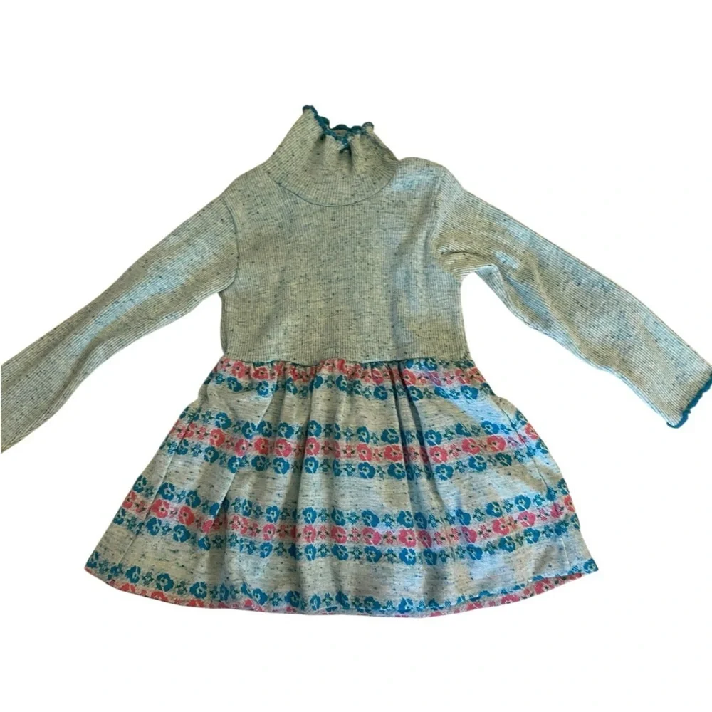 Vintage 70s Cozy Knit Teal & pink turtle neck  w/ Floral Pattern Dress